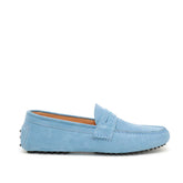 Mocassino da uomo in pelle scamosciata celeste denim con gommini neri, prodotto da Pianigiani.
